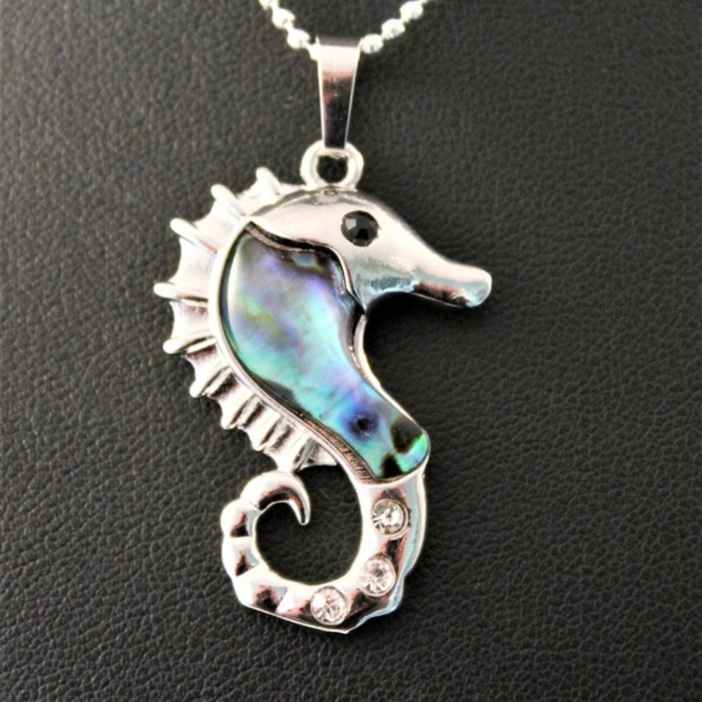 Silver Rhinestone Natural Abalone Seahorse Pendant